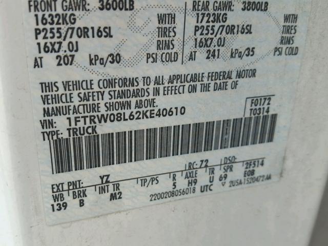 1FTRW08L62KE40610 - 2002 FORD F150 SUPER WHITE photo 10