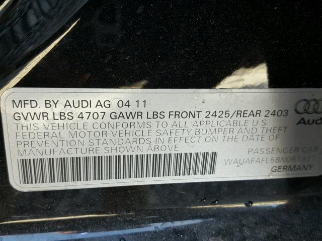 WAUAFAFL5BN051927 - 2011 AUDI A4 PREMIUM BLACK photo 10