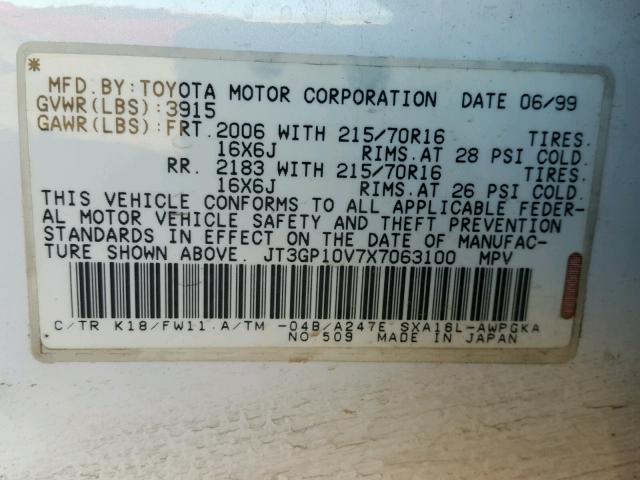 JT3GP10V7X7063100 - 1999 TOYOTA RAV4 WHITE photo 10