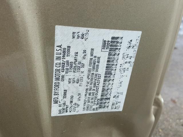 1FTYR10U02TA57527 - 2002 FORD RANGER GOLD photo 10