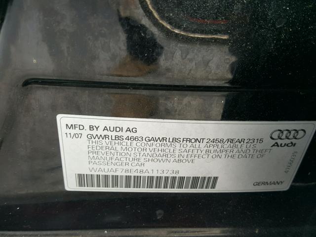 WAUAF78E48A113738 - 2008 AUDI A4 2.0T BLACK photo 10