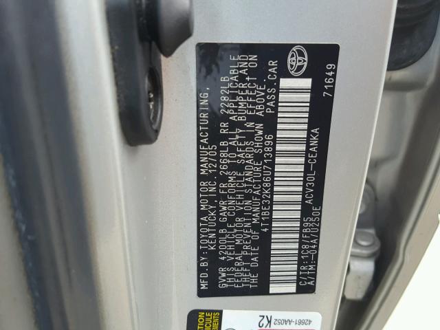 4T1BE32K86U713896 - 2006 TOYOTA CAMRY LE ვერცხლისფერი ფოტო 10