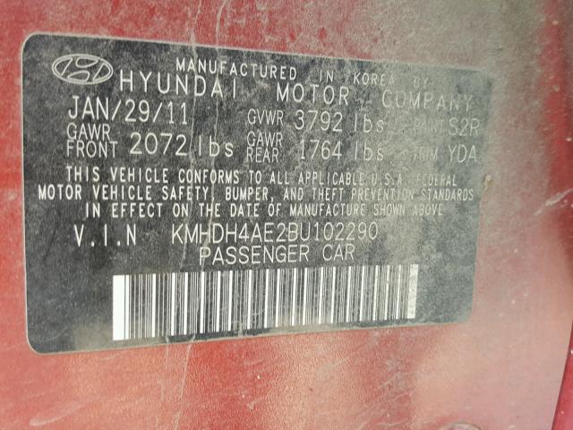 KMHDH4AE2BU102290 - 2011 HYUNDAI ELANTRA GL RED photo 10