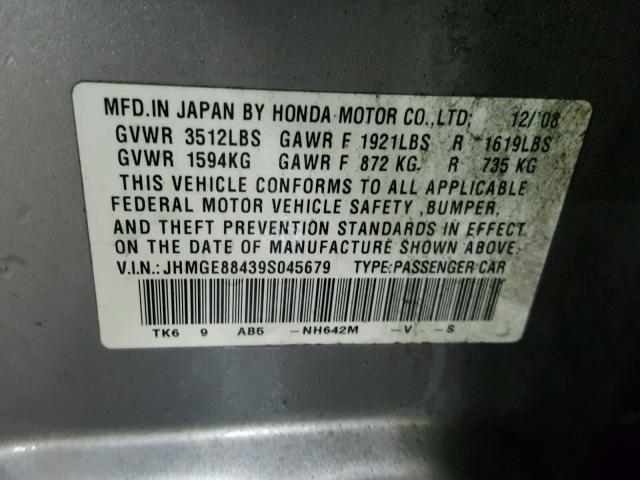 JHMGE88439S045679 - 2009 HONDA FIT SPORT GRAY photo 10