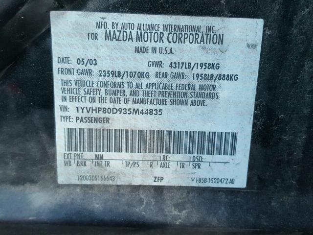 1YVHP80D935M44835 - 2003 MAZDA 6 S BLACK photo 10