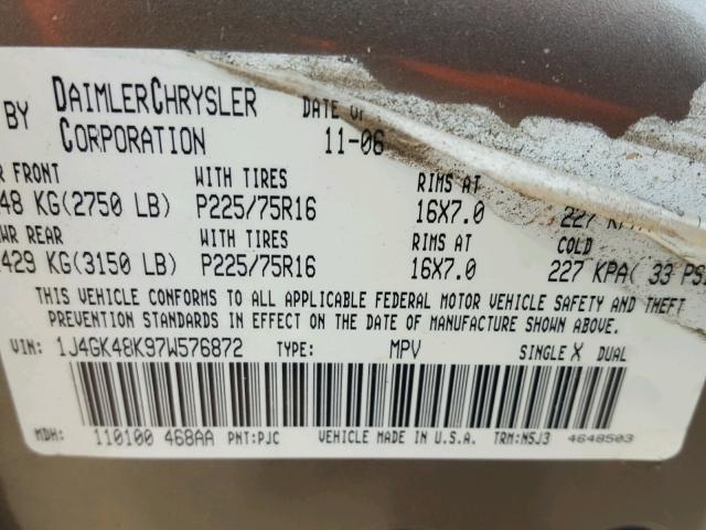 1J4GK48K97W576872 - 2007 JEEP LIBERTY SP BROWN photo 10