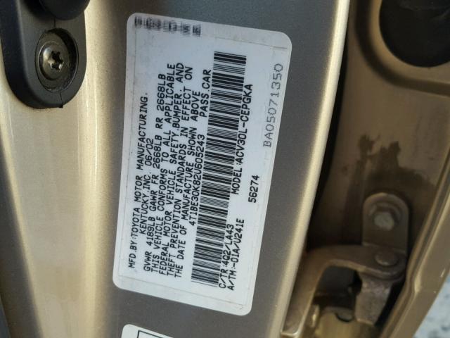 4T1BE30K82U605243 - 2002 TOYOTA CAMRY LE TAN photo 10