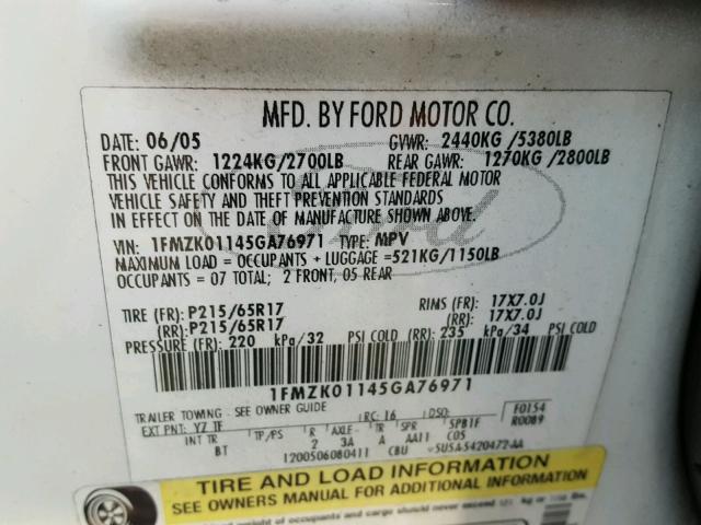 1FMZK01145GA76971 - 2005 FORD FREESTYLE WHITE photo 10