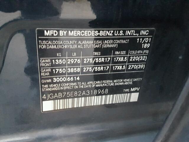 4JGAB75E82A318968 - 2002 MERCEDES-BENZ ML 500 BLUE photo 10