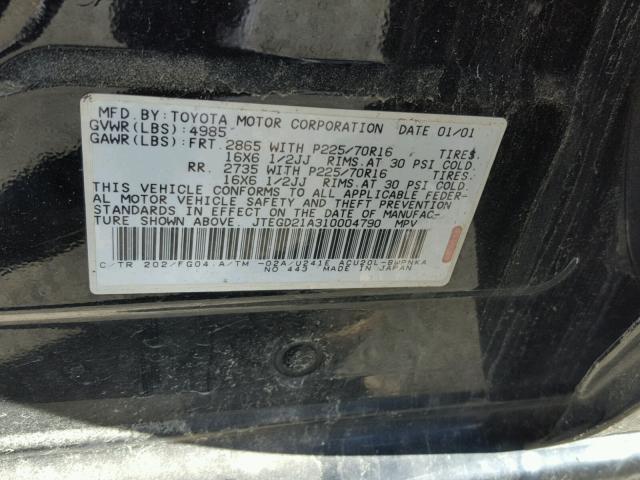 JTEGD21A310004790 - 2001 TOYOTA HIGHLANDER BLACK photo 10