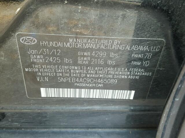 5NPEB4AC9CH465089 - 2012 HYUNDAI SONATA GLS BLACK photo 10