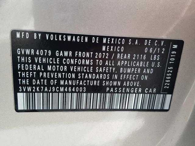 3VW2K7AJ9CM464003 - 2012 VOLKSWAGEN JETTA BASE GOLD photo 10