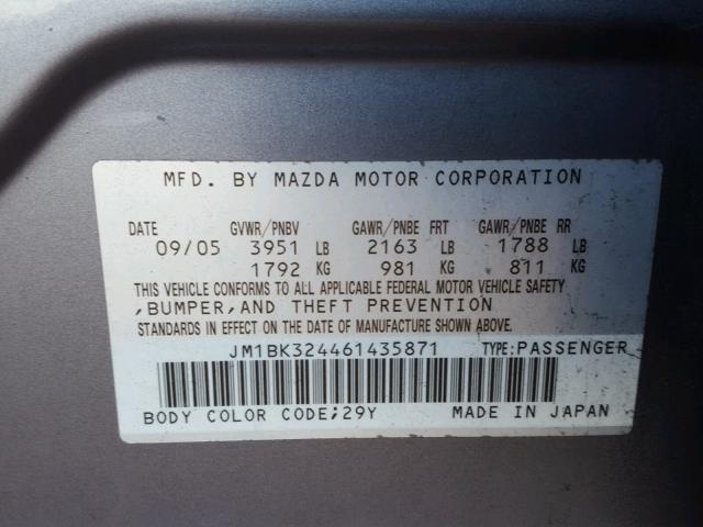 JM1BK324461435871 - 2006 MAZDA 3 S GRAY photo 10