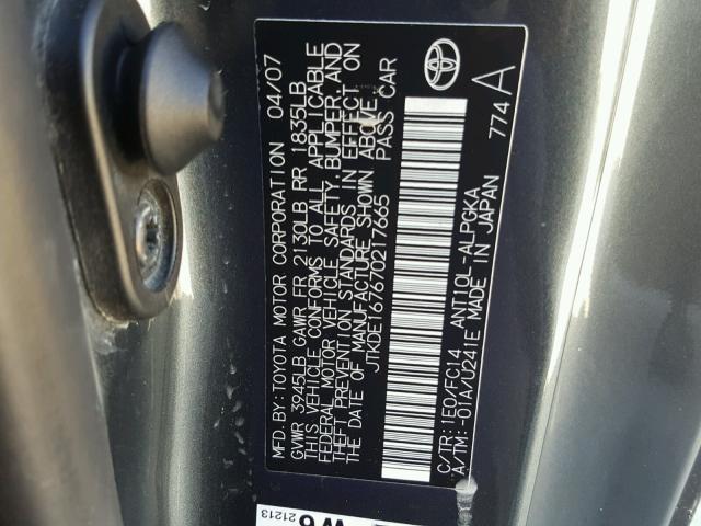 JTKDE167670217665 - 2007 TOYOTA SCION TC 灰色 照片 10