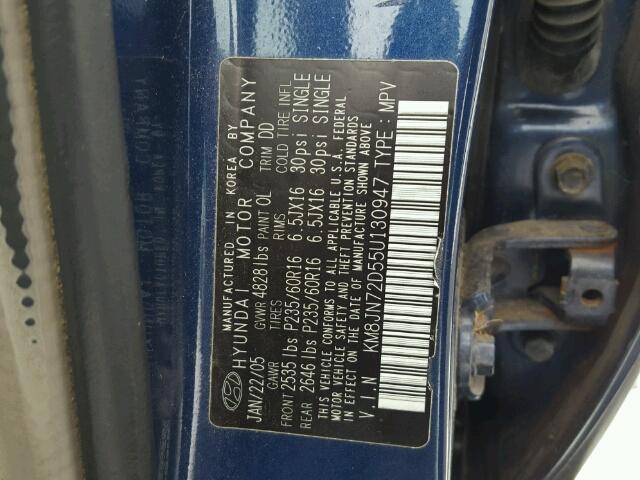 KM8JN72D55U130947 - 2005 HYUNDAI TUCSON GLS BLUE photo 10