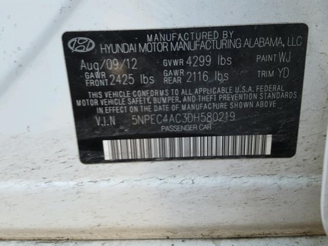 5NPEC4AC3DH580219 - 2013 HYUNDAI SONATA SE WHITE photo 10