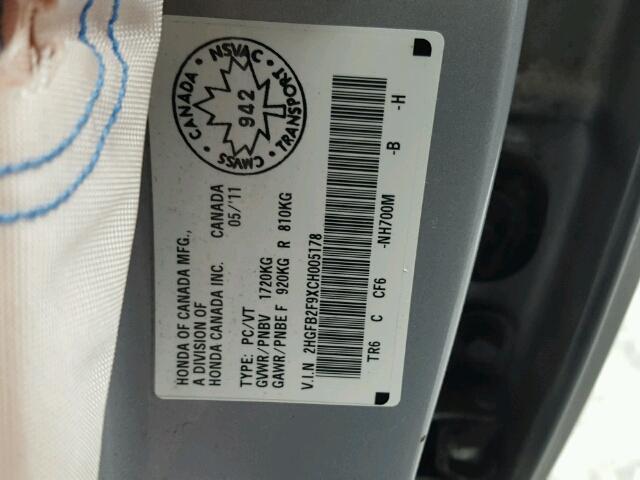 2HGFB2F9XCH005178 - 2012 HONDA CIVIC EXL SILVER photo 10