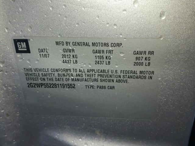 2G2WP552281191552 - 2008 PONTIAC GRAND PRIX SILVER photo 10