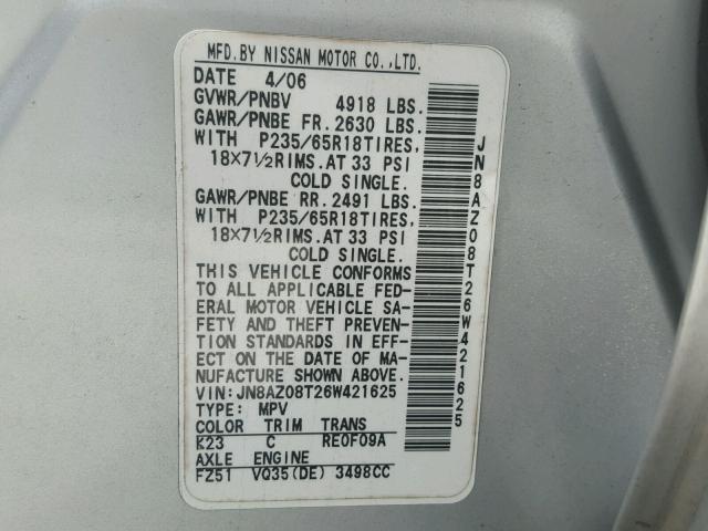 JN8AZ08T26W421625 - 2006 NISSAN MURANO SL SILVER photo 10