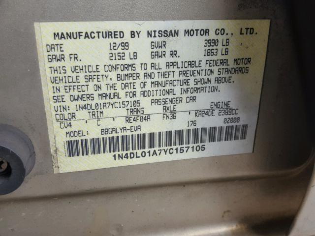 1N4DL01A7YC157105 - 2000 NISSAN ALTIMA XE GOLD photo 10