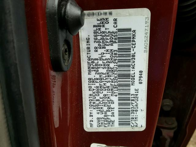 4T1BE32KX3U129303 - 2003 TOYOTA CAMRY LE MAROON photo 10