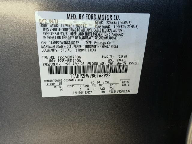 1FAHP2FW9BG168922 - 2011 FORD TAURUS LIM GRAY photo 10