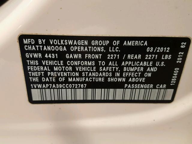 1VWAP7A39CC072767 - 2012 VOLKSWAGEN PASSAT S أبيض صورة 10