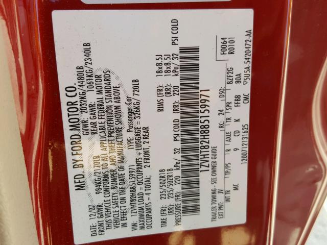 1ZVHT82H885159971 - 2008 FORD MUSTANG GT RED photo 10