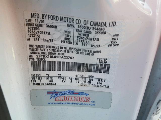 2FTRX18L82CA23707 - 2002 FORD F150 WHITE photo 10