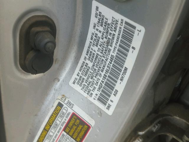 1HGFA16816L074465 - 2006 HONDA CIVIC EX SILVER photo 10