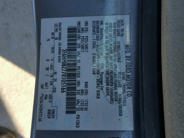 3FAHP08Z77R105166 - 2007 FORD FUSION SEL SILVER photo 10