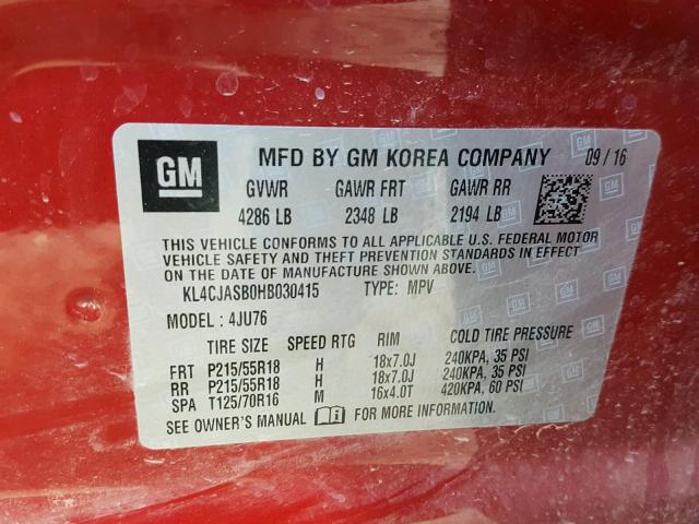 KL4CJASB0HB030415 - 2017 BUICK ENCORE PRE RED photo 10