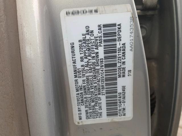 2T1BR12E51C476183 - 2001 TOYOTA COROLLA CE SILVER photo 10