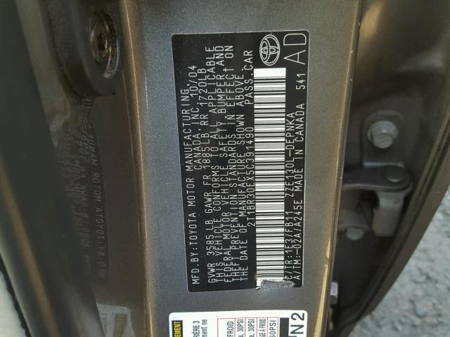 2T1BR30EX5C391490 - 2005 TOYOTA COROLLA CE SILVER photo 10