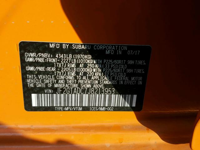 JF2GTADC7J8213953 - 2018 SUBARU CROSSTREK ORANGE photo 10