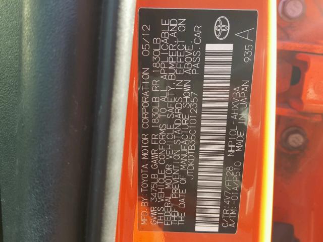 JTDKDTB35C1012357 - 2012 TOYOTA PRIUS C ORANGE photo 10