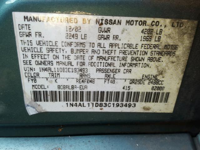 1N4AL11D83C193493 - 2003 NISSAN ALTIMA BAS BLUE photo 10