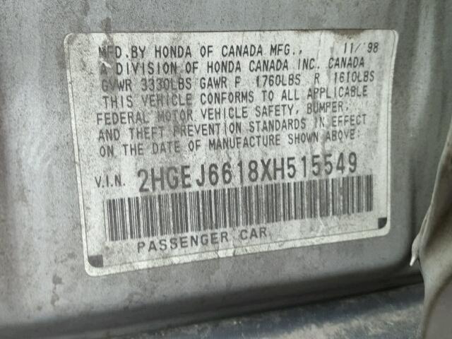 2HGEJ6618XH515549 - 1999 HONDA CIVIC BASE SILVER photo 10