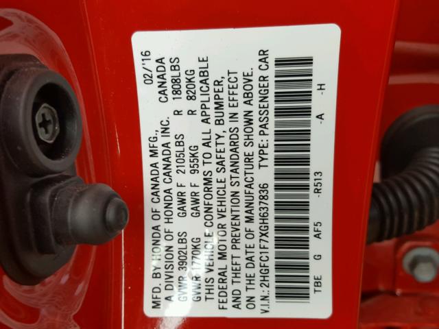 2HGFC1F7XGH637836 - 2016 HONDA CIVIC EXL RED photo 10
