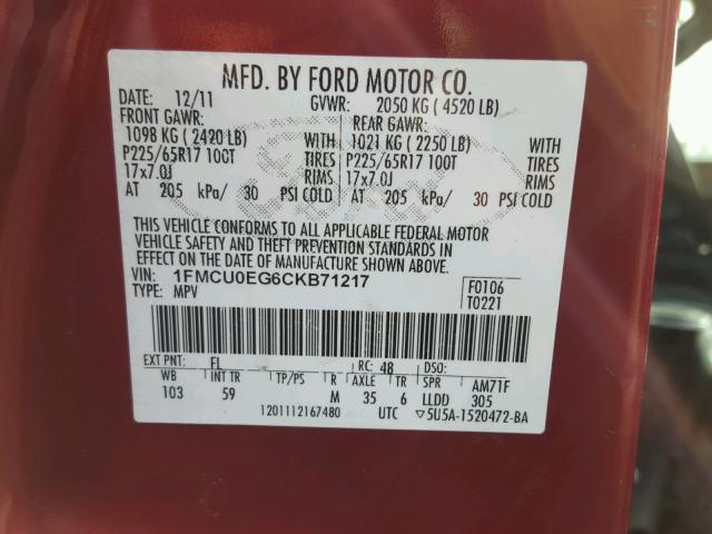 1FMCU0EG6CKB71217 - 2012 FORD ESCAPE LIM MAROON photo 10