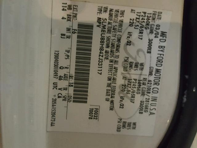 5LMEU88H84ZJ33117 - 2004 LINCOLN AVIATOR 白色 照片 10