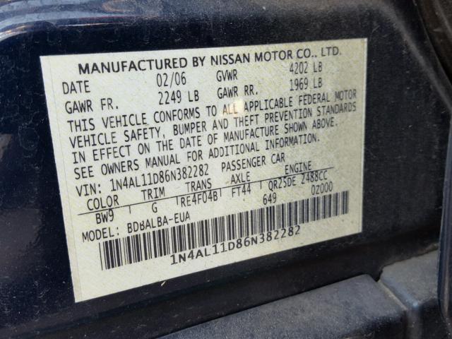 1N4AL11D86N382282 - 2006 NISSAN ALTIMA S BLUE photo 10