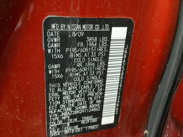 JN8AZ28R29T124862 - 2009 NISSAN CUBE BASE RED photo 10