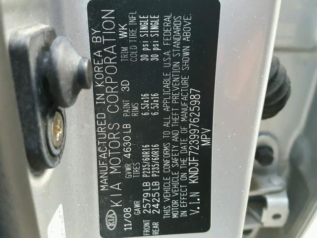 KNDJF723997625987 - 2009 KIA SPORTAGE L SILVER photo 10