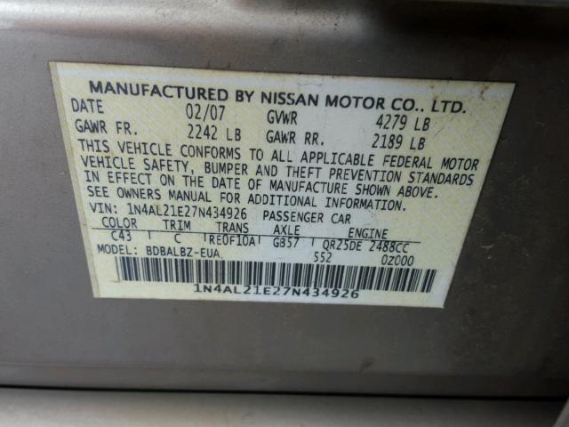 1N4AL21E27N434926 - 2007 NISSAN ALTIMA 2.5 BROWN photo 10