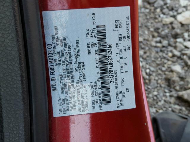 3FAFP07Z86R232466 - 2006 FORD FUSION SE RED photo 10