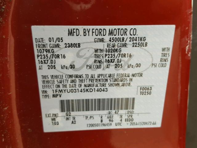1FMYU03145KD14043 - 2005 FORD ESCAPE XLT RED photo 10