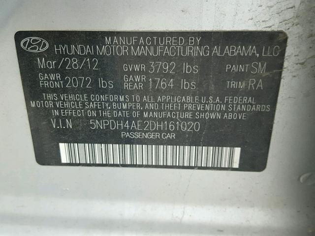 5NPDH4AE2DH161020 - 2013 HYUNDAI ELANTRA GL SILVER photo 10