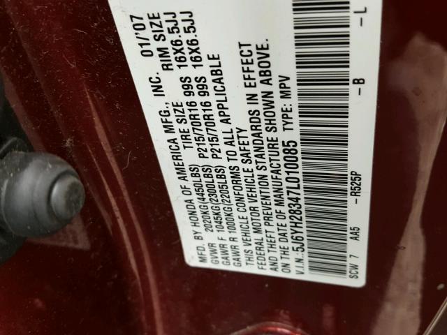 5J6YH28347L010085 - 2007 HONDA ELEMENT LX RED photo 10