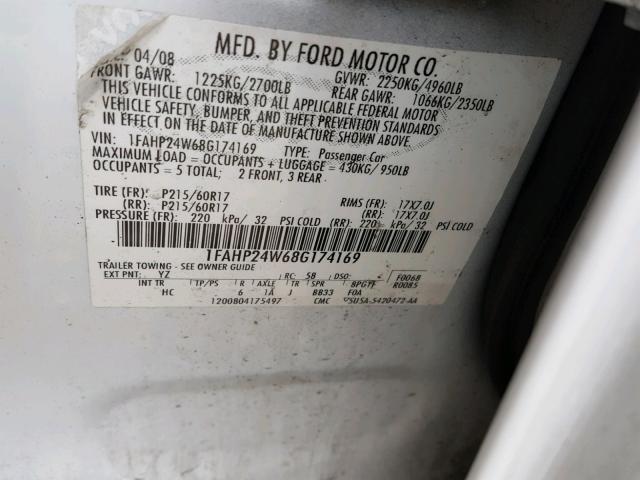 1FAHP24W68G174169 - 2008 FORD TAURUS SEL WHITE photo 10